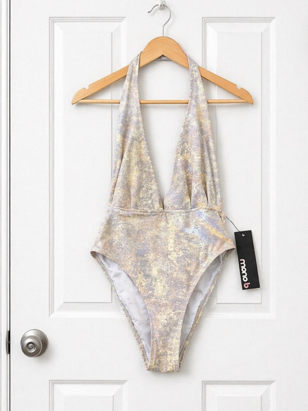 Mono B Womens Metallic Shimmer Halter Plunging One Piece Swimsuit Small